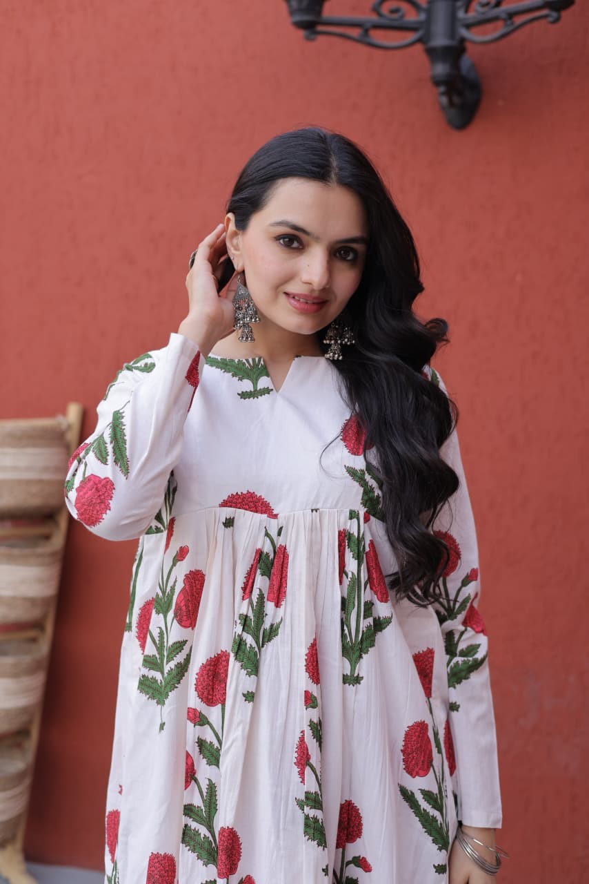 Off-White and Blue Floral Printed Kurti Pant Set.